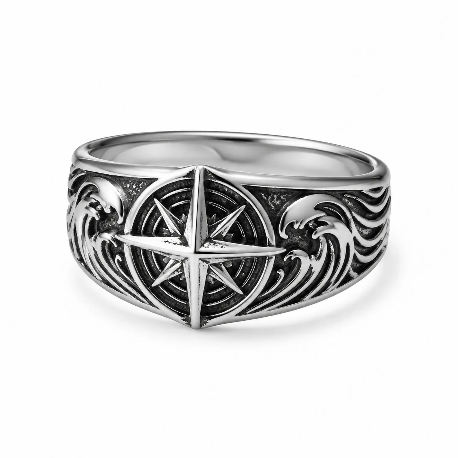 Anillo masculino con diseño de brújula en plateado y negro