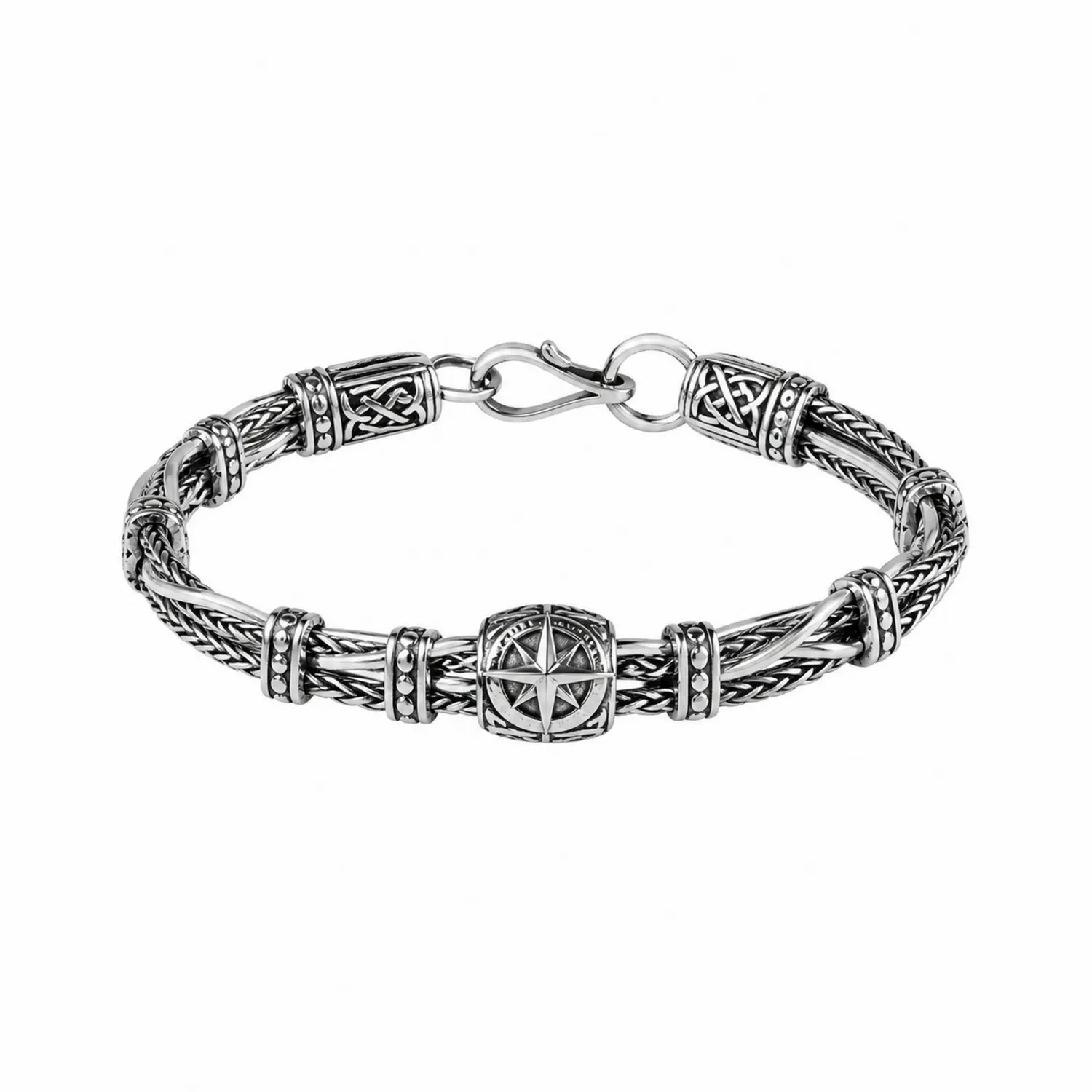 Pulsera trenzada con diseño esculpido, cierre de gancho, 20 cm, plateado