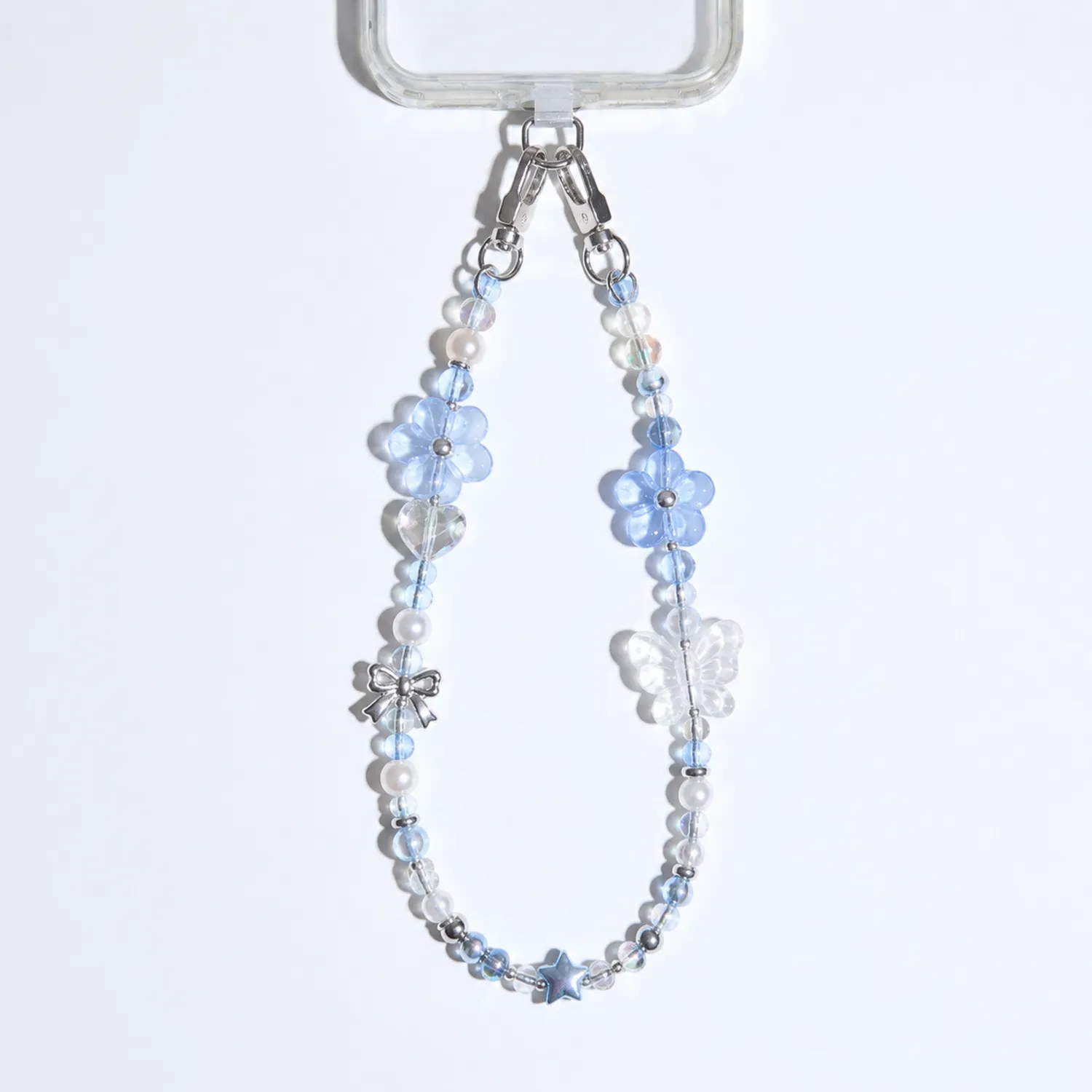 Correa para Teléfono con Flores y Perlas Azul y Blanco