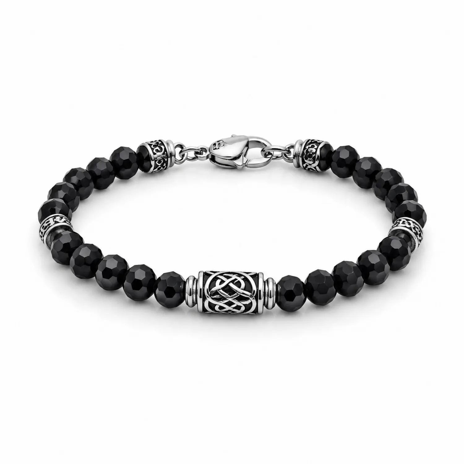 Pulsera de Cuentas Negras con Detalles en Metal