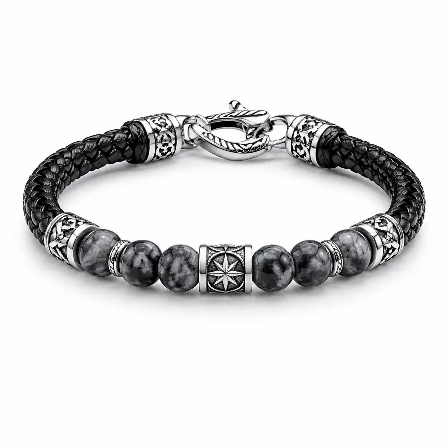Pulsera negra de cuero trenzado con cuentas de piedra gris y cierre de acero