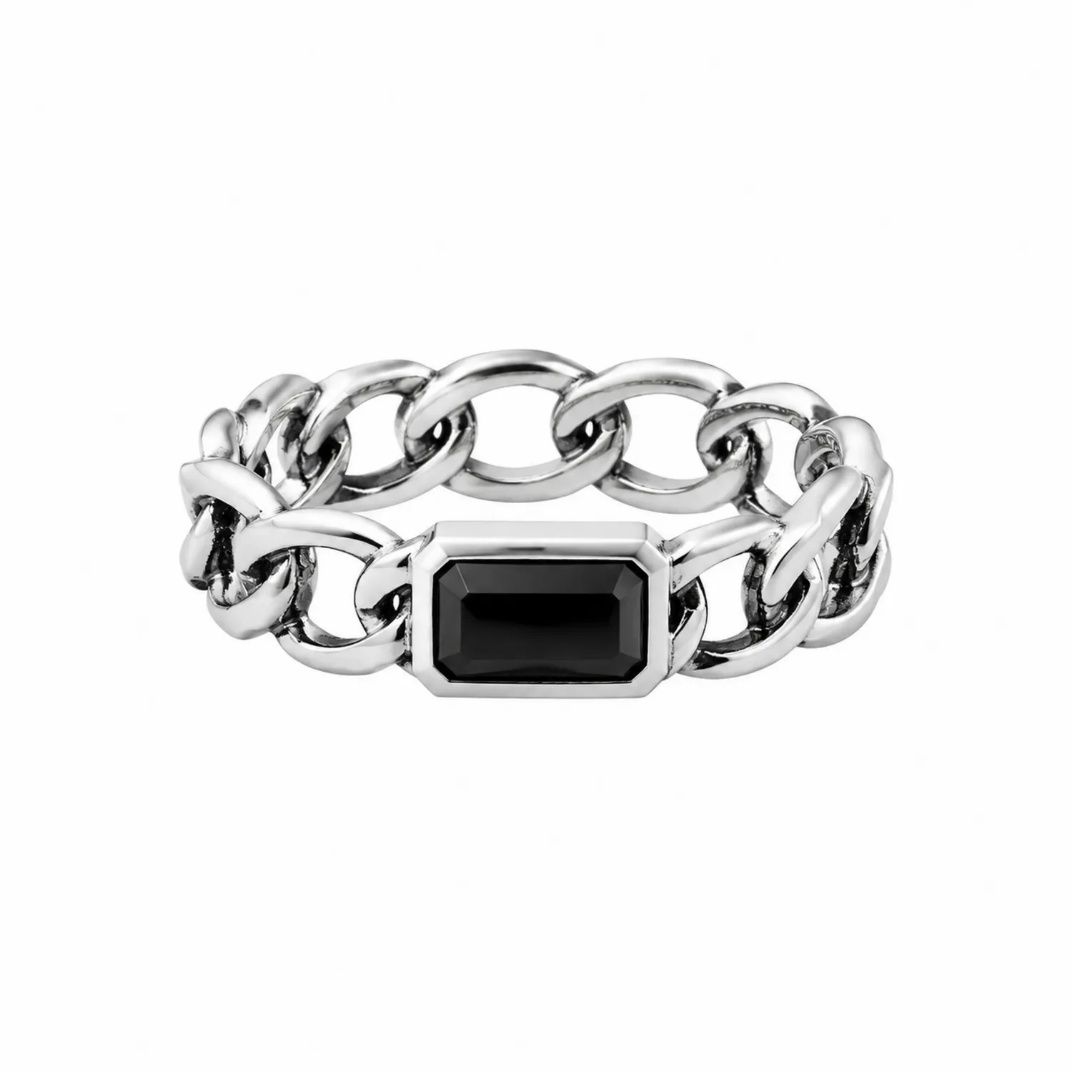 Anillo de Cadena Plateado con Piedra Negra