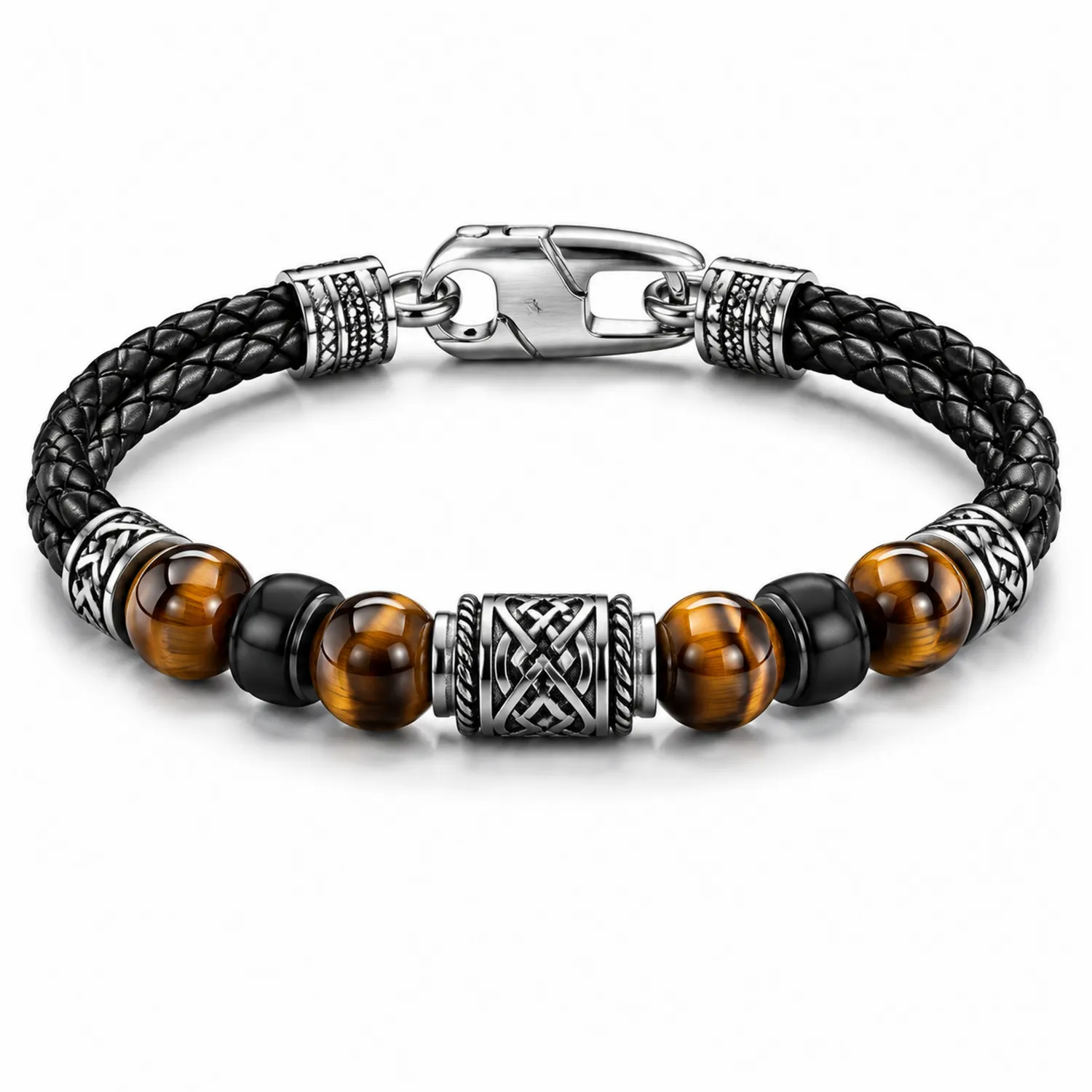 Pulsera de Cuero Trenzado con Cuentas de Ojo de Tigre y Cierre Metálico