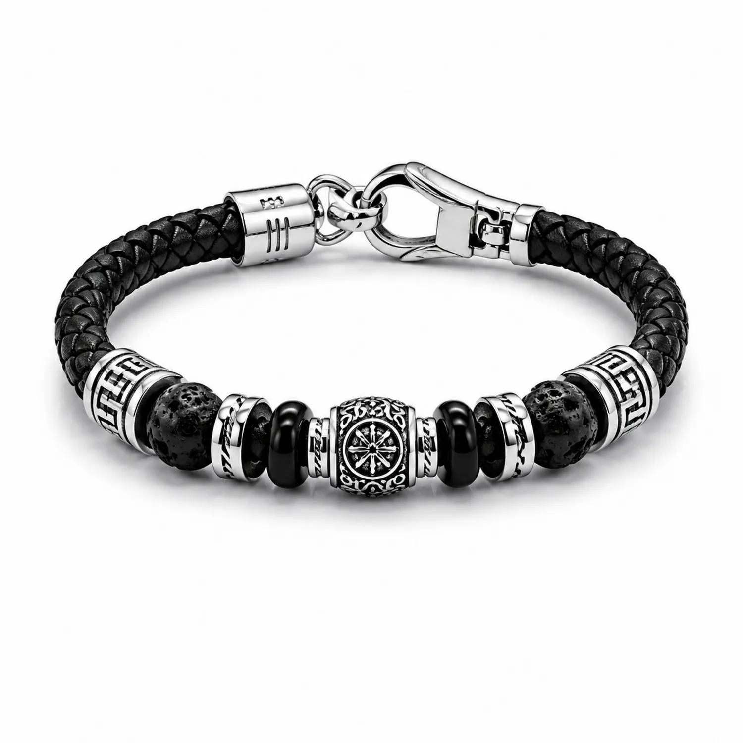 Pulsera de Cuero Trenzado Negro con Abalorios Metálicos