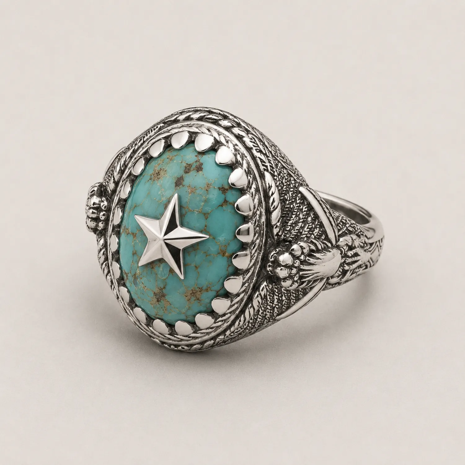 Anillo Vintage con Turquesa y Estrella en Relieve