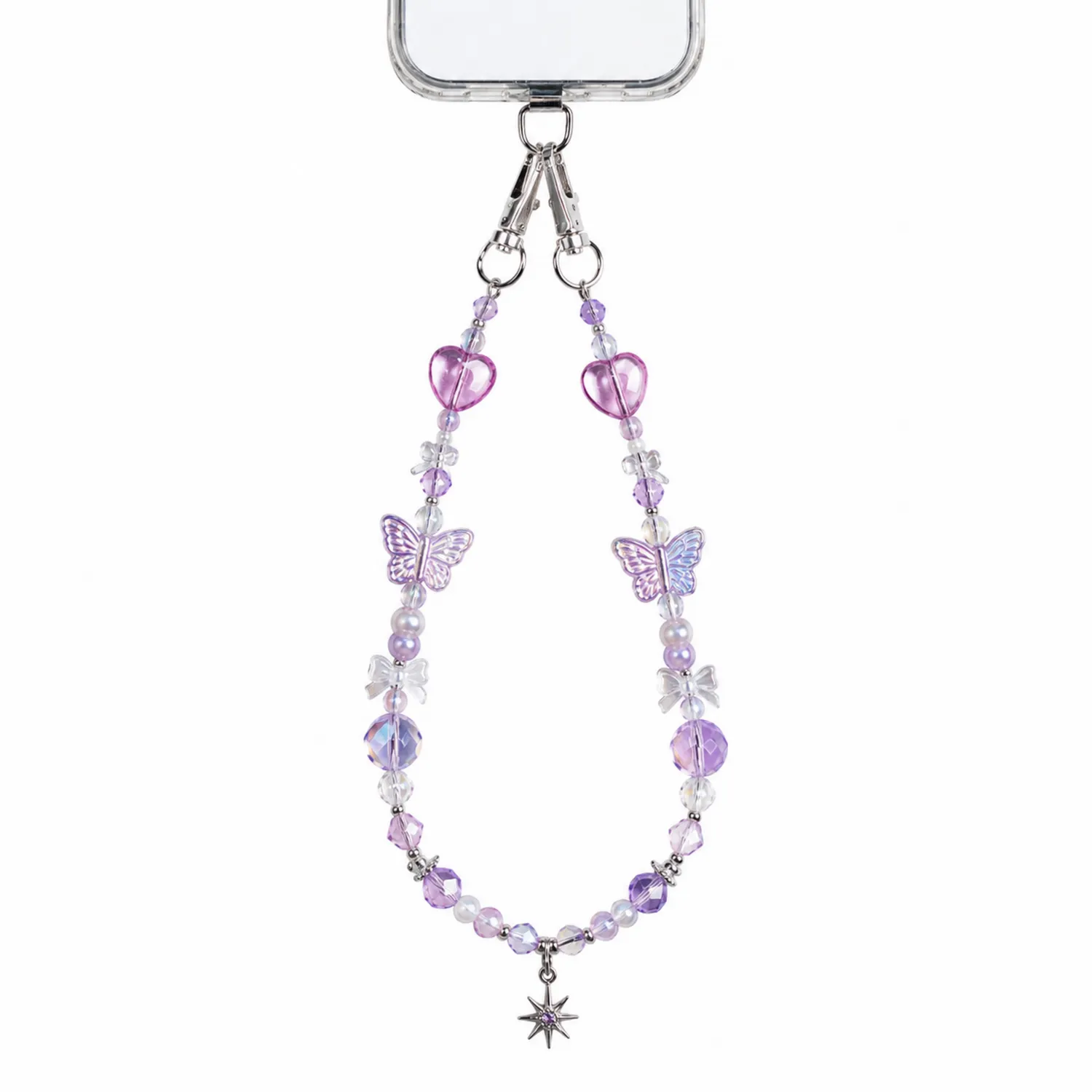 Cadena para Teléfono con Cuentas de Mariposas y Corazones en Morado y Rosa