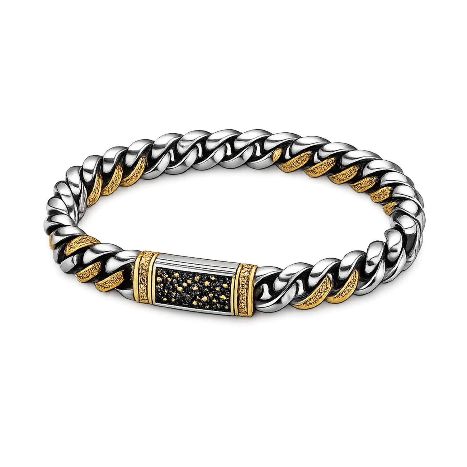 Pulsera de Eslabones Plateada y Dorada con Detalles Negro y Dorado
