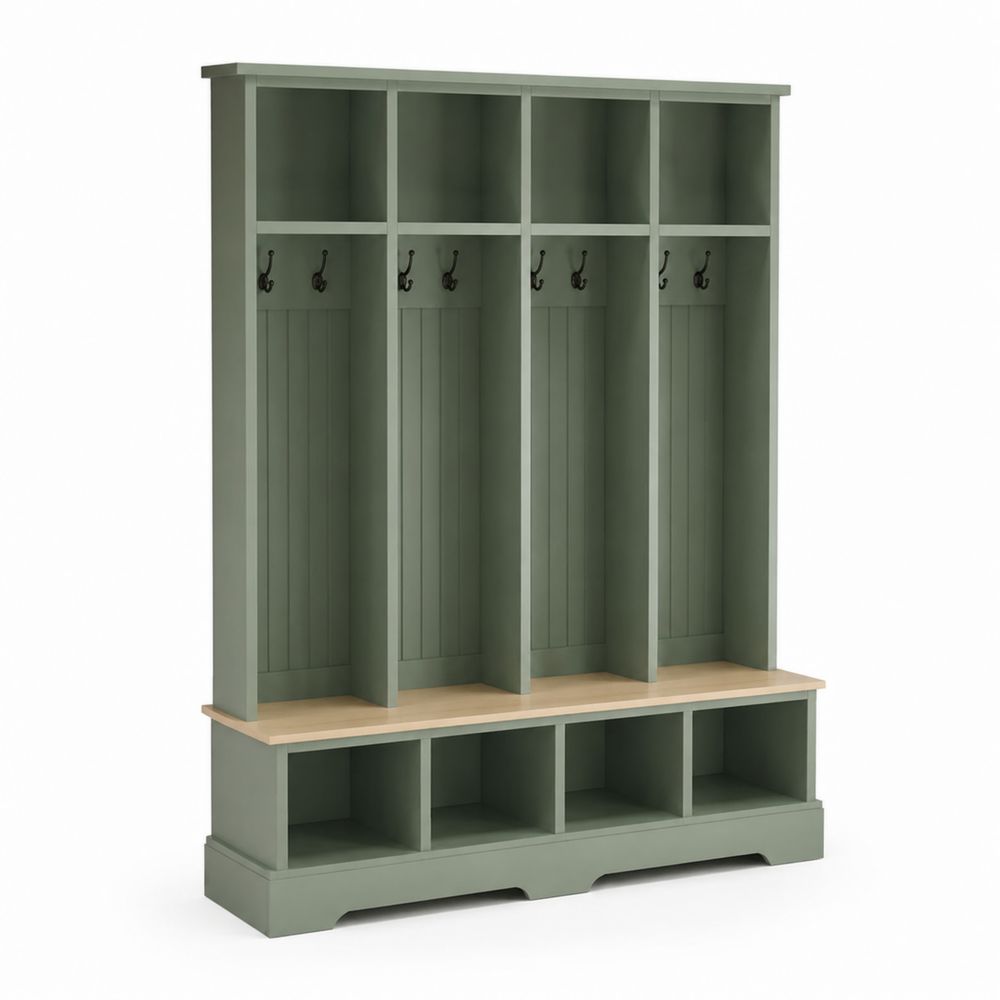 Perchero de Madera Verde con Almacenamiento y Ganchos