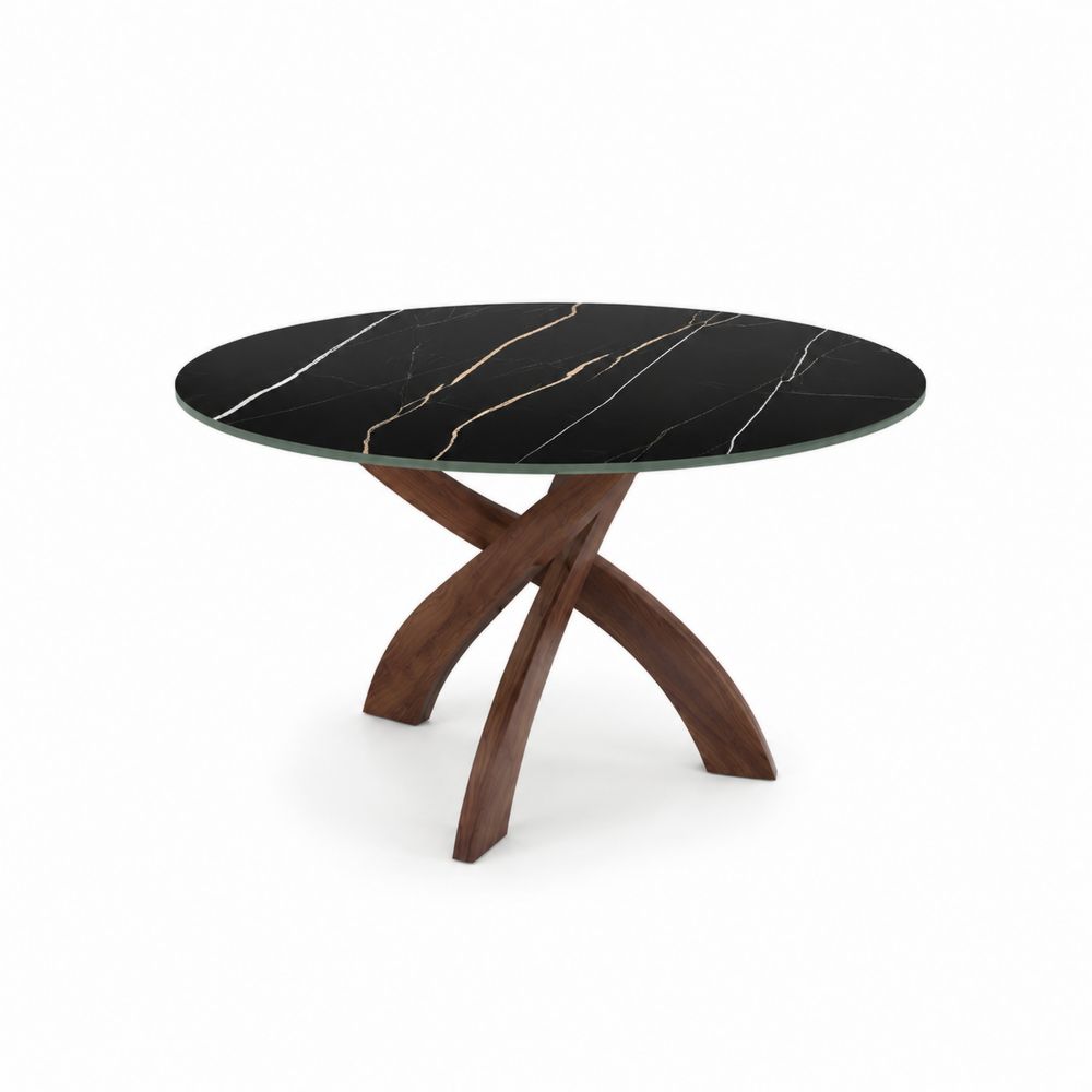 Mesa redonda de mármol negro y madera de nogal
