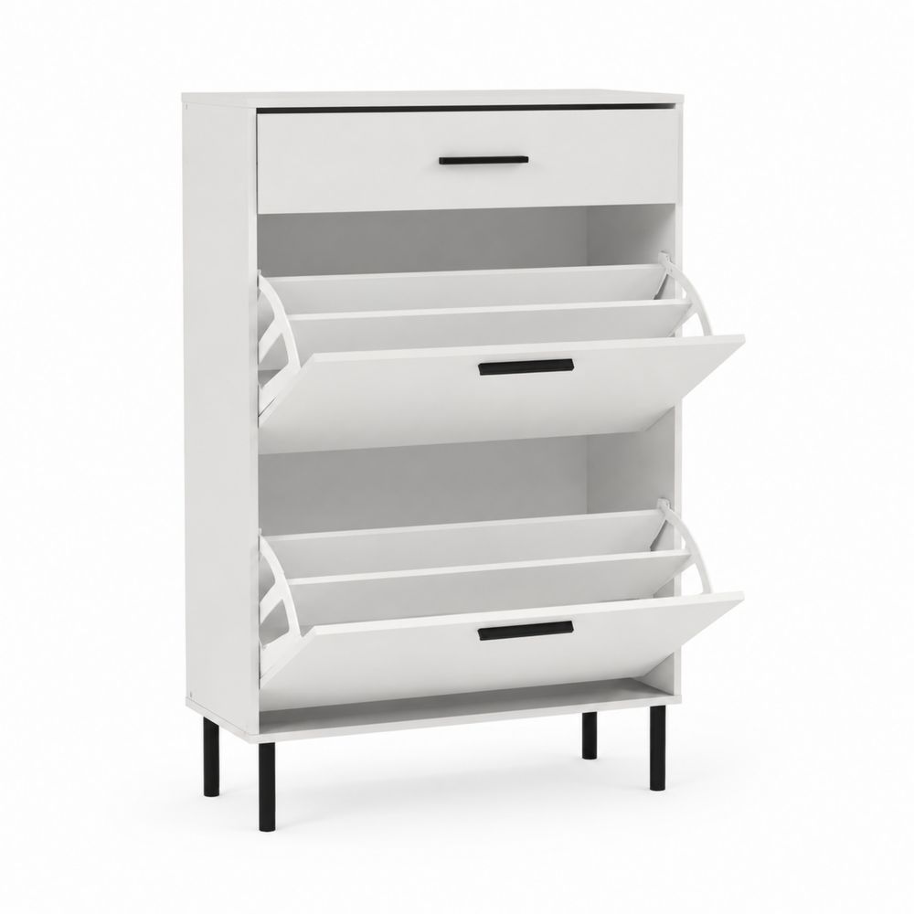 Zapatero de madera y metal blanco con tres compartimentos y cajón 120x80x30 cm