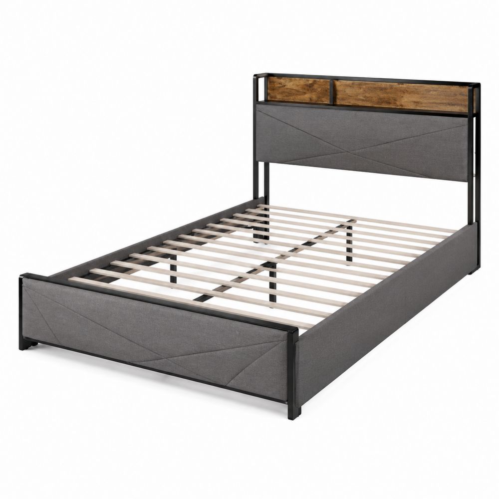 Cama doble de metal con cabecero de madera y tela gris