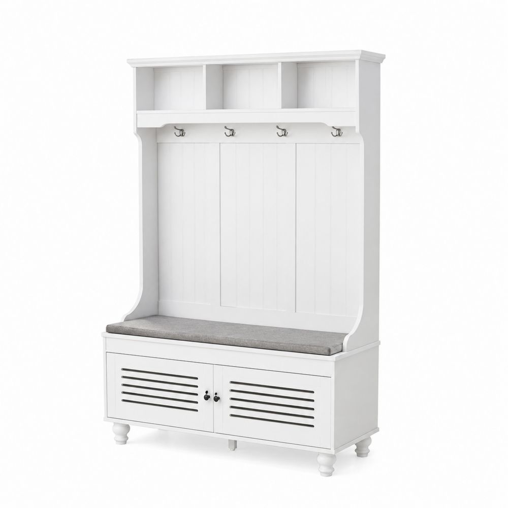 Banco zapatero de entrada con perchero y almacenamiento 190x110x40 cm madera blanca