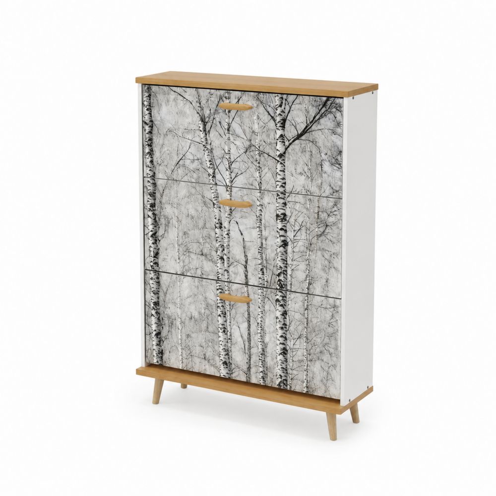 Zapatero de MDF con Diseño de Bosque 4 Puertas Blanco y Roble
