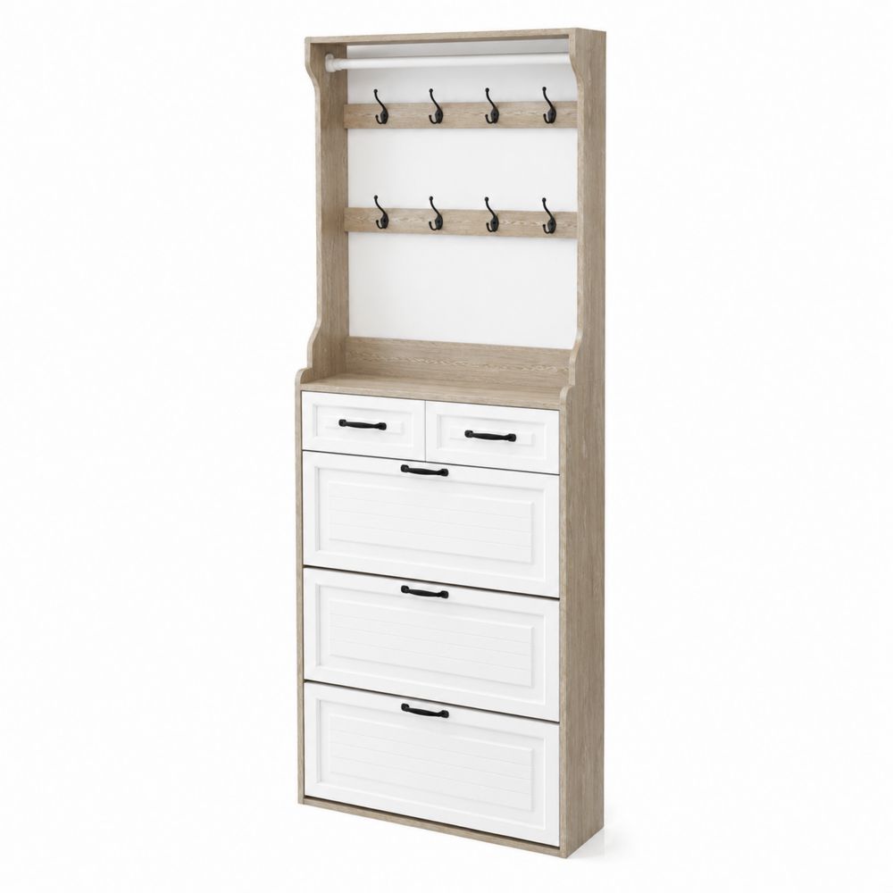 Gabinete de Entrada de MDF y Madera con Zapatero, Blanco y Roble