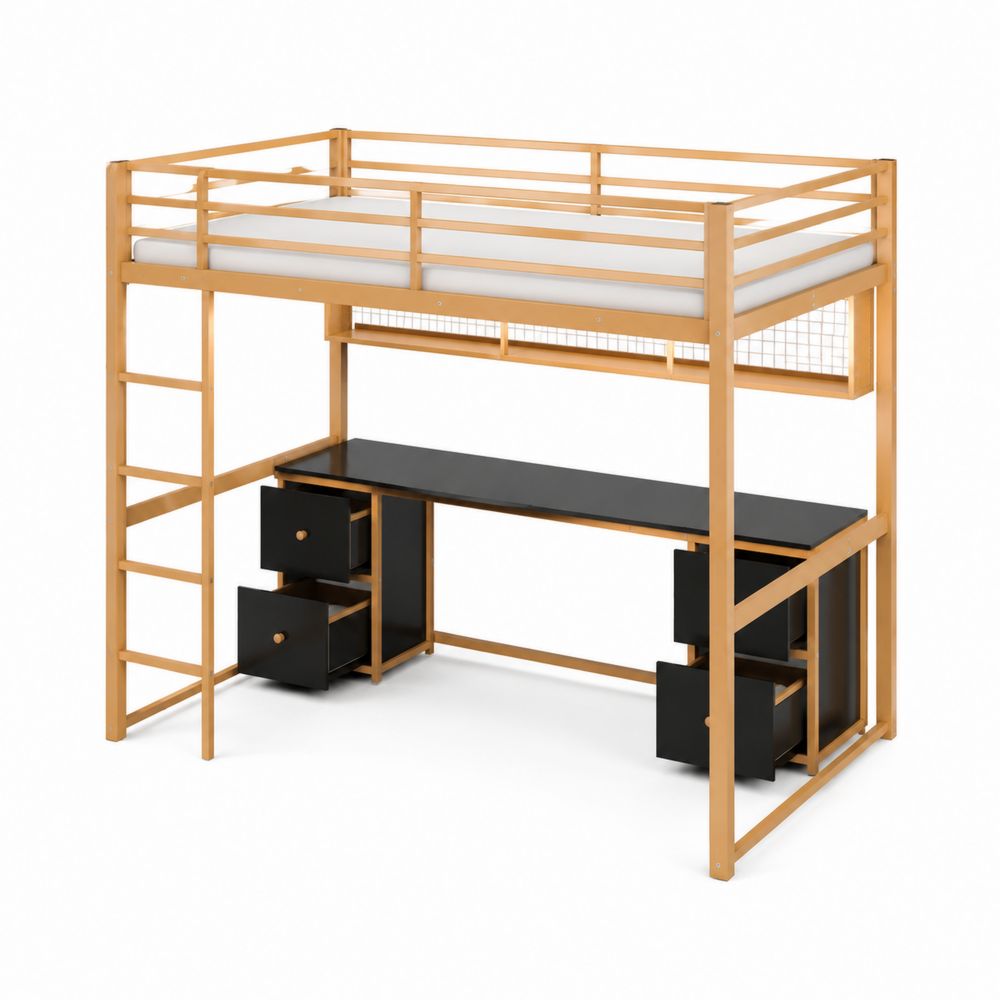 Cama alta de metal con escritorio y cajones de MDF 200x90 cm Miel/Negro