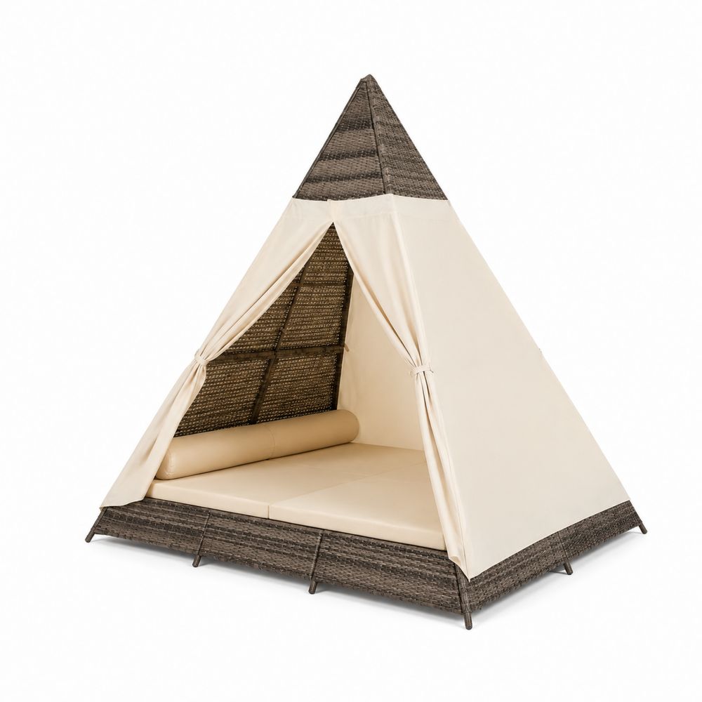 Sofá cama de exterior tipo tipi de ratán sintético y tela Beige