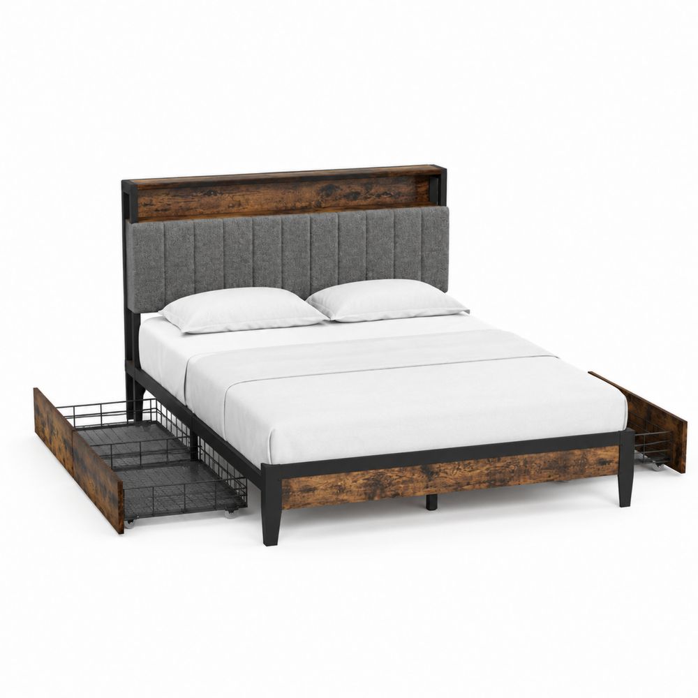 Cama de Madera y Metal con Cabecero Tapizado en Gris