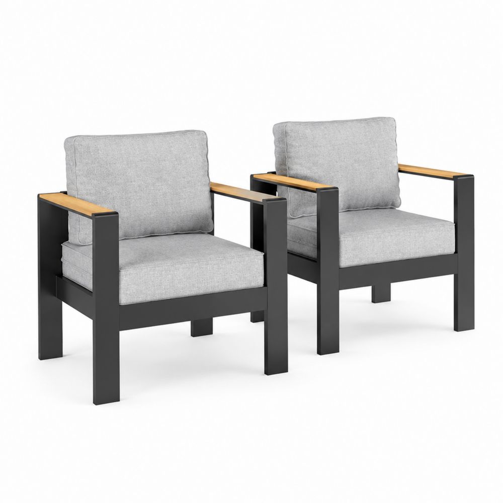 Set de 2 sillones de aluminio y madera con cojines grises
