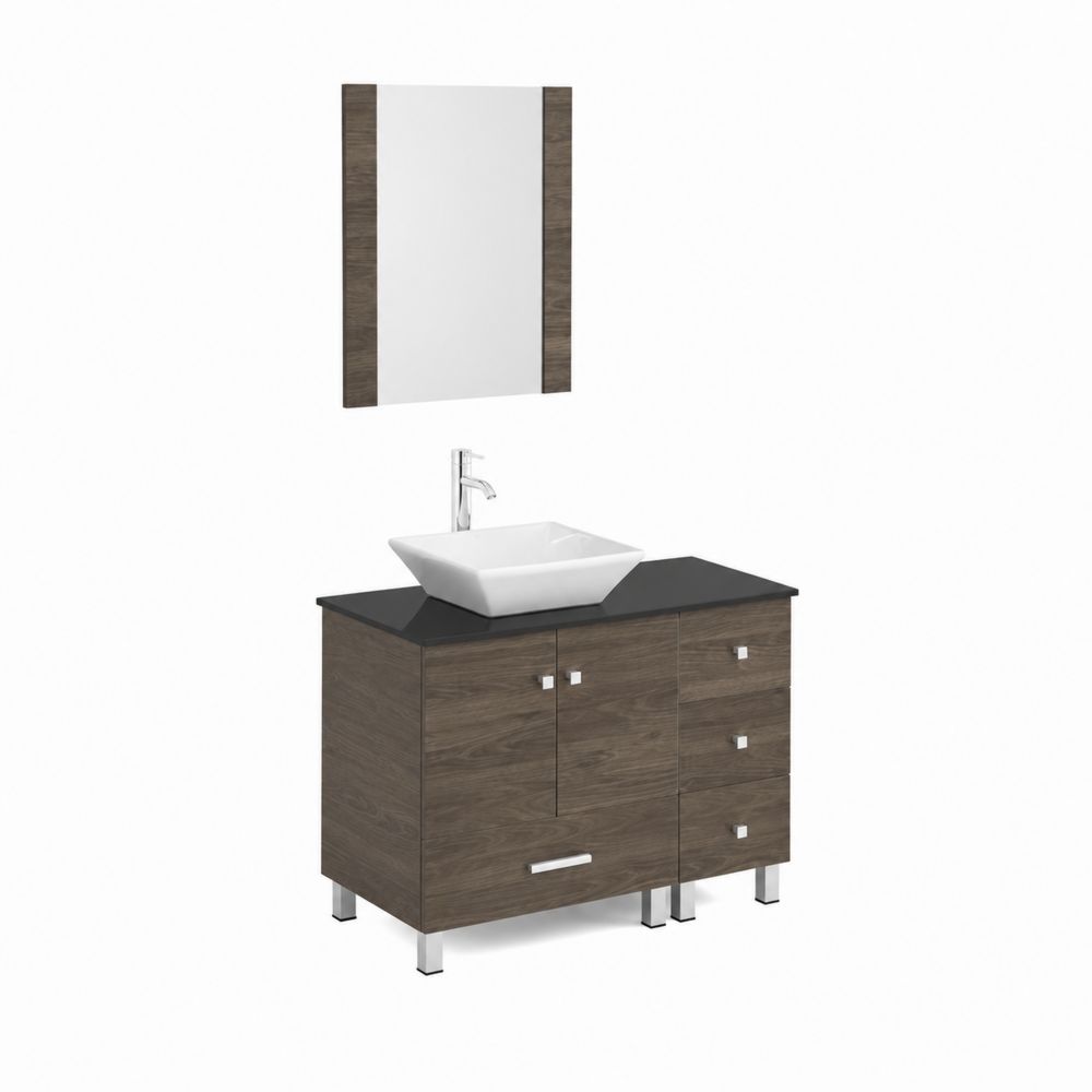 Mueble de baño con espejo y lavabo de cerámica en madera melamina y vidrio templado