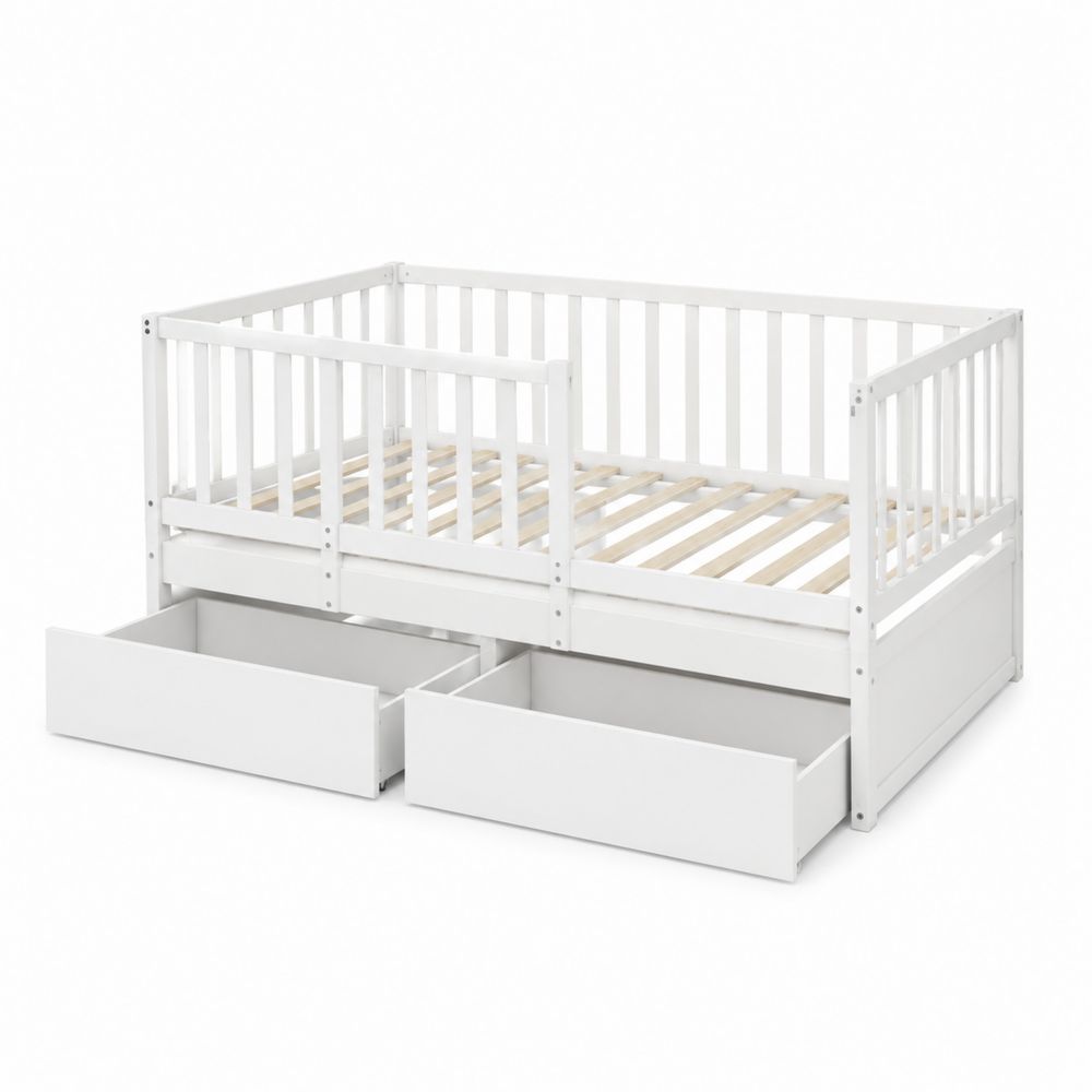 Cama infantil de madera con almacenamiento, color Blanco, 140x70 cm