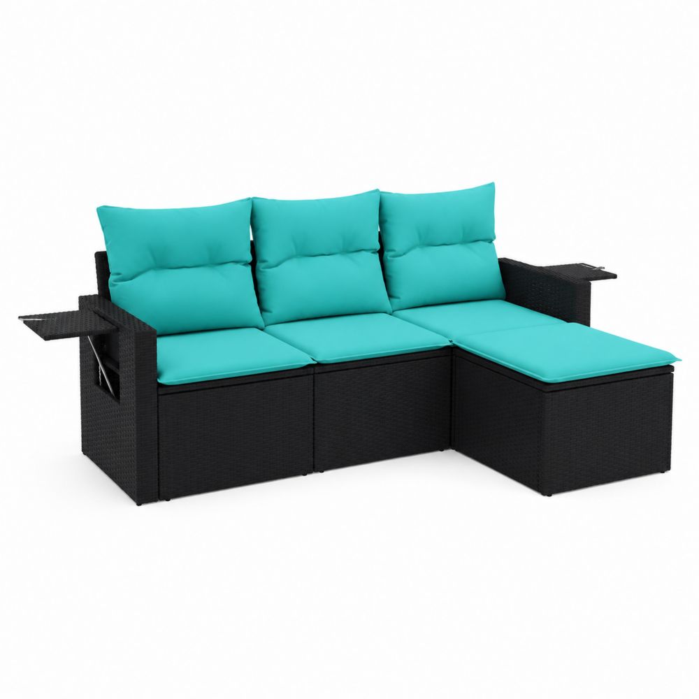 Sofá Modular en L de Ratán Sintético con Cojines de Poliéster Azul Turquesa