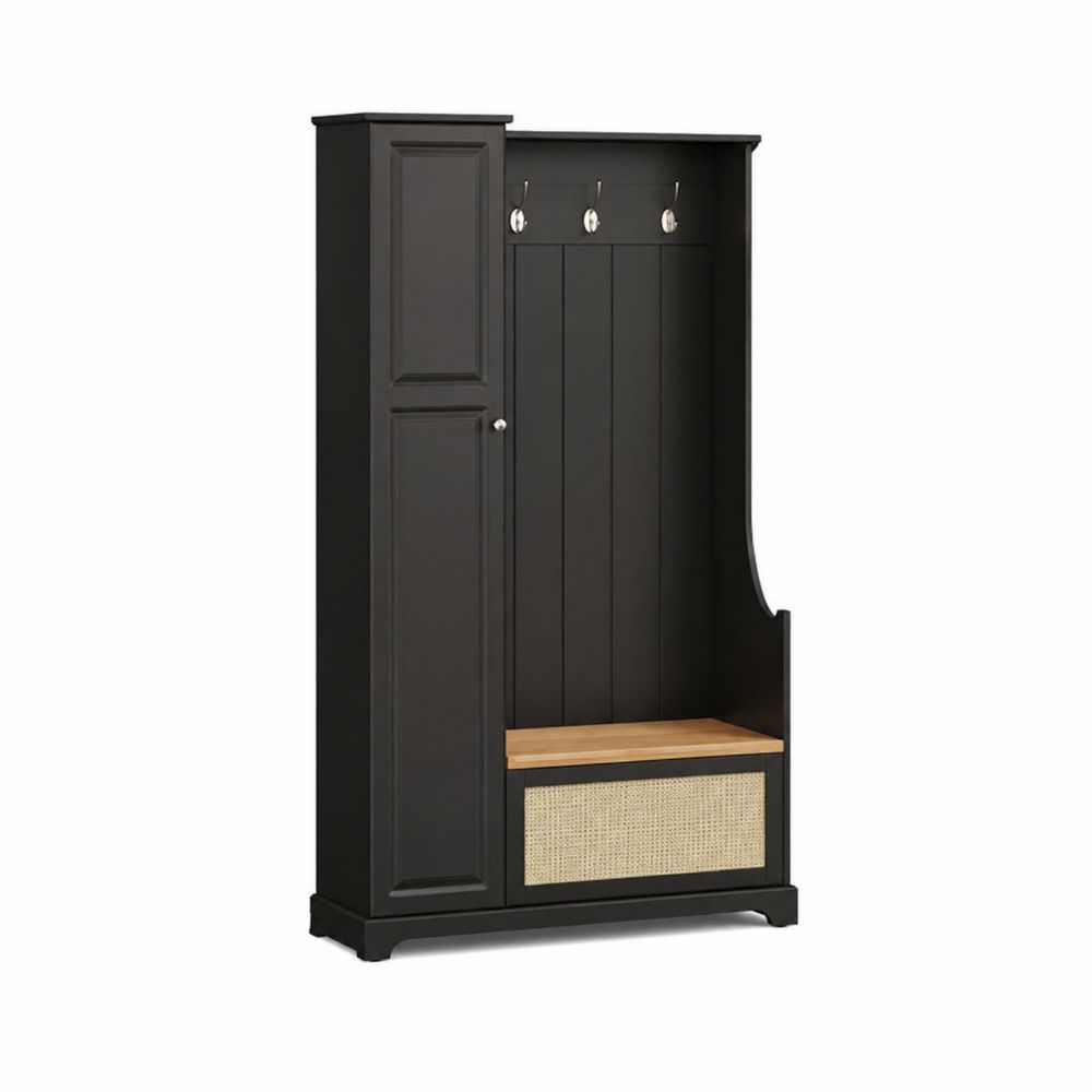 Mueble recibidor de madera negro con perchero y asiento de ratán