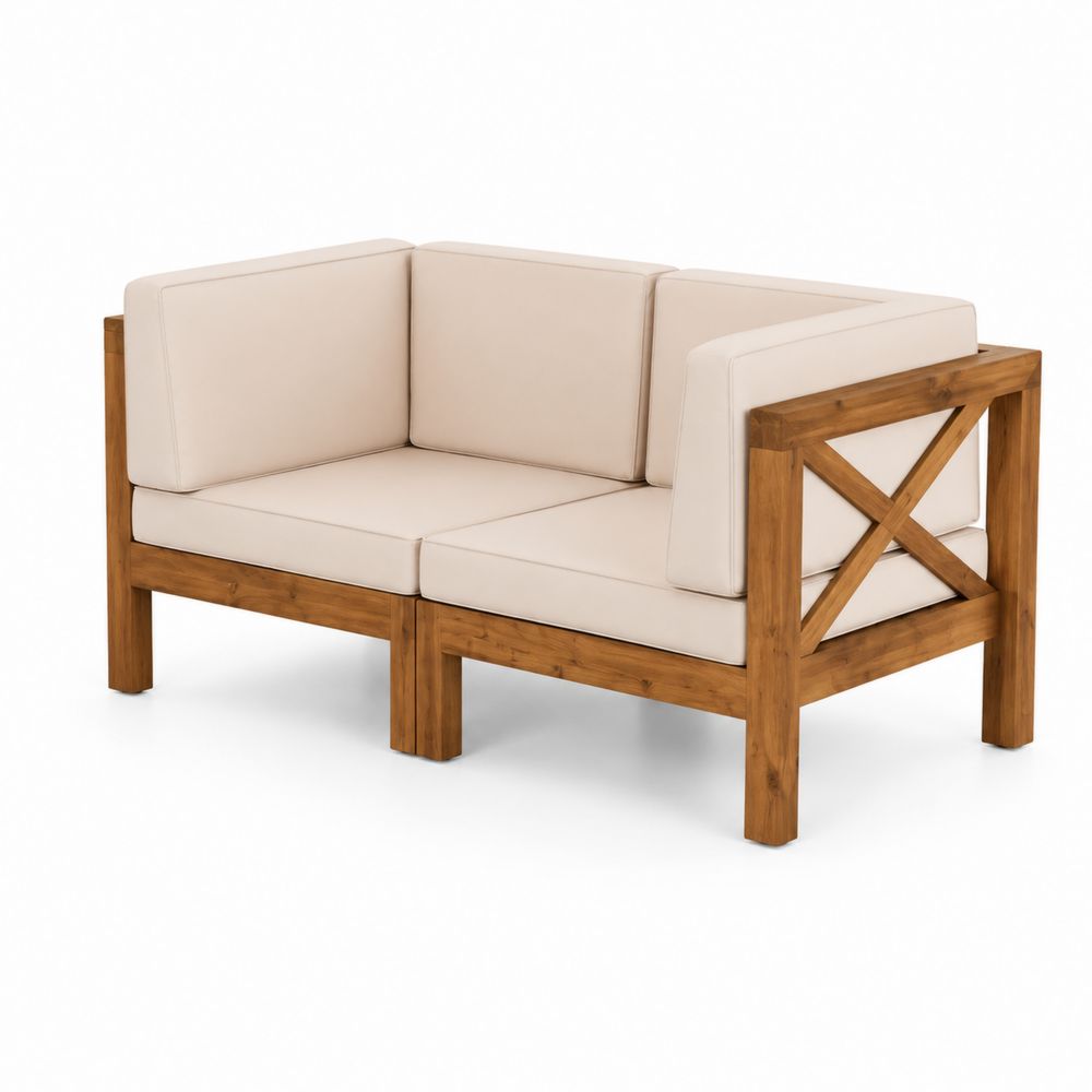 Sofá de Esquina Exterior de Madera con Cojines Beige