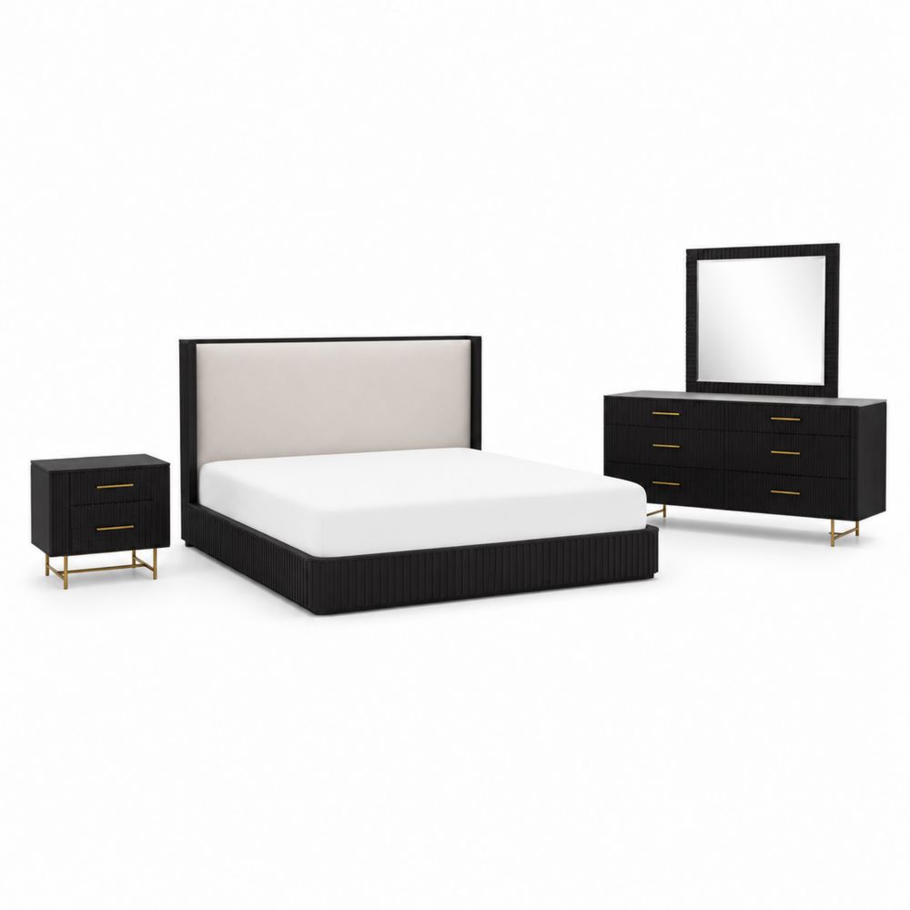 Conjunto de Dormitorio Negro con Cama Tapizada, Mesita y Cómoda