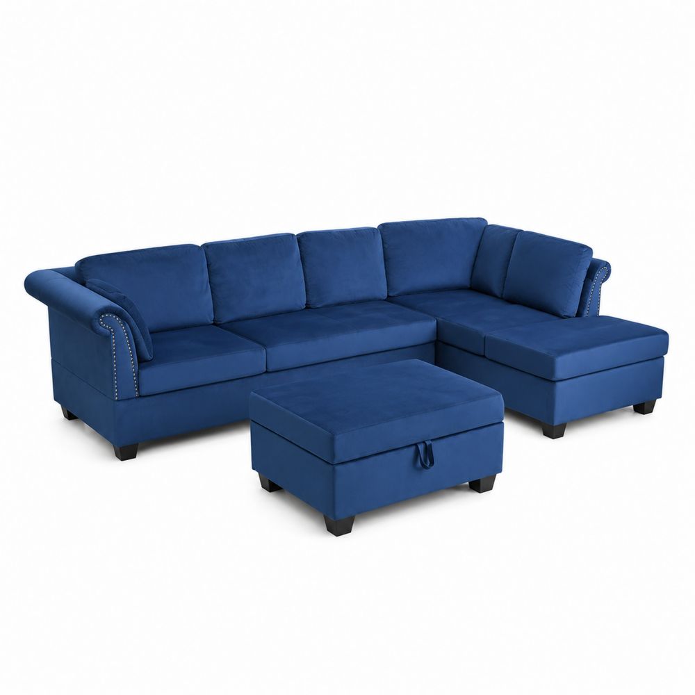 Sofá modular en L con puf, terciopelo azul