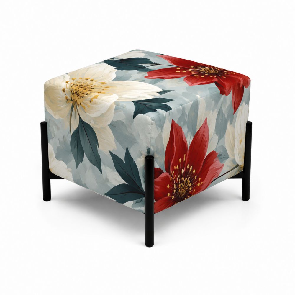 Puf cuadrado floral de poliéster y metal 45x45x45 cm