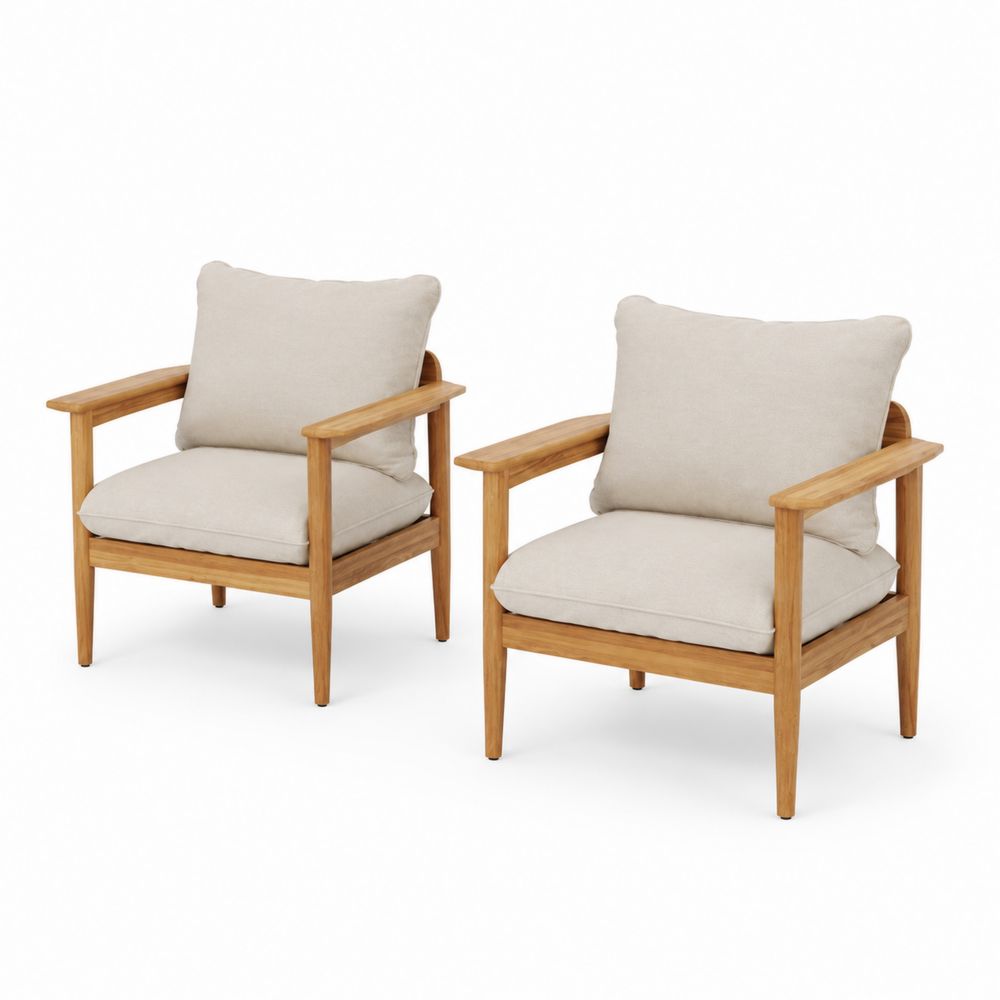 Set de 2 sillones de madera de teca y cojines de poliéster crema