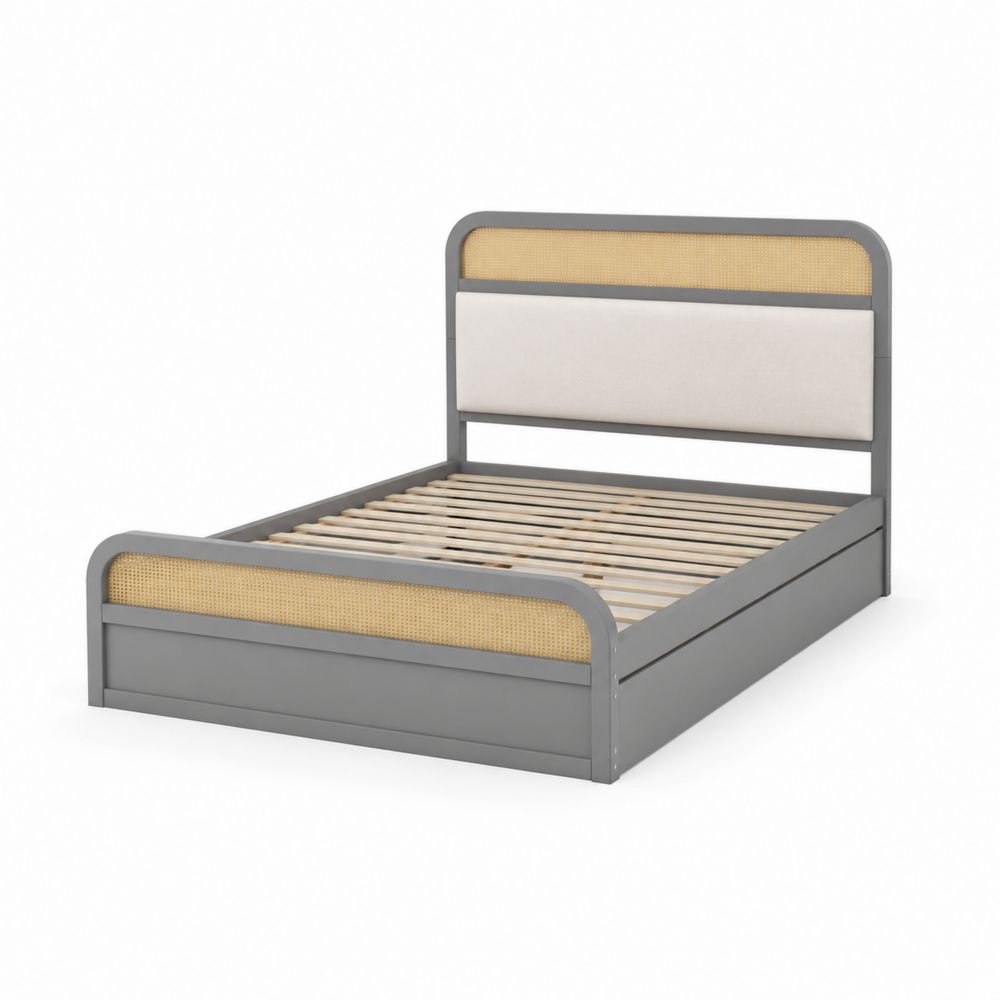 Cama doble de metal con cabecero de ratán y poliéster 200x160 cm