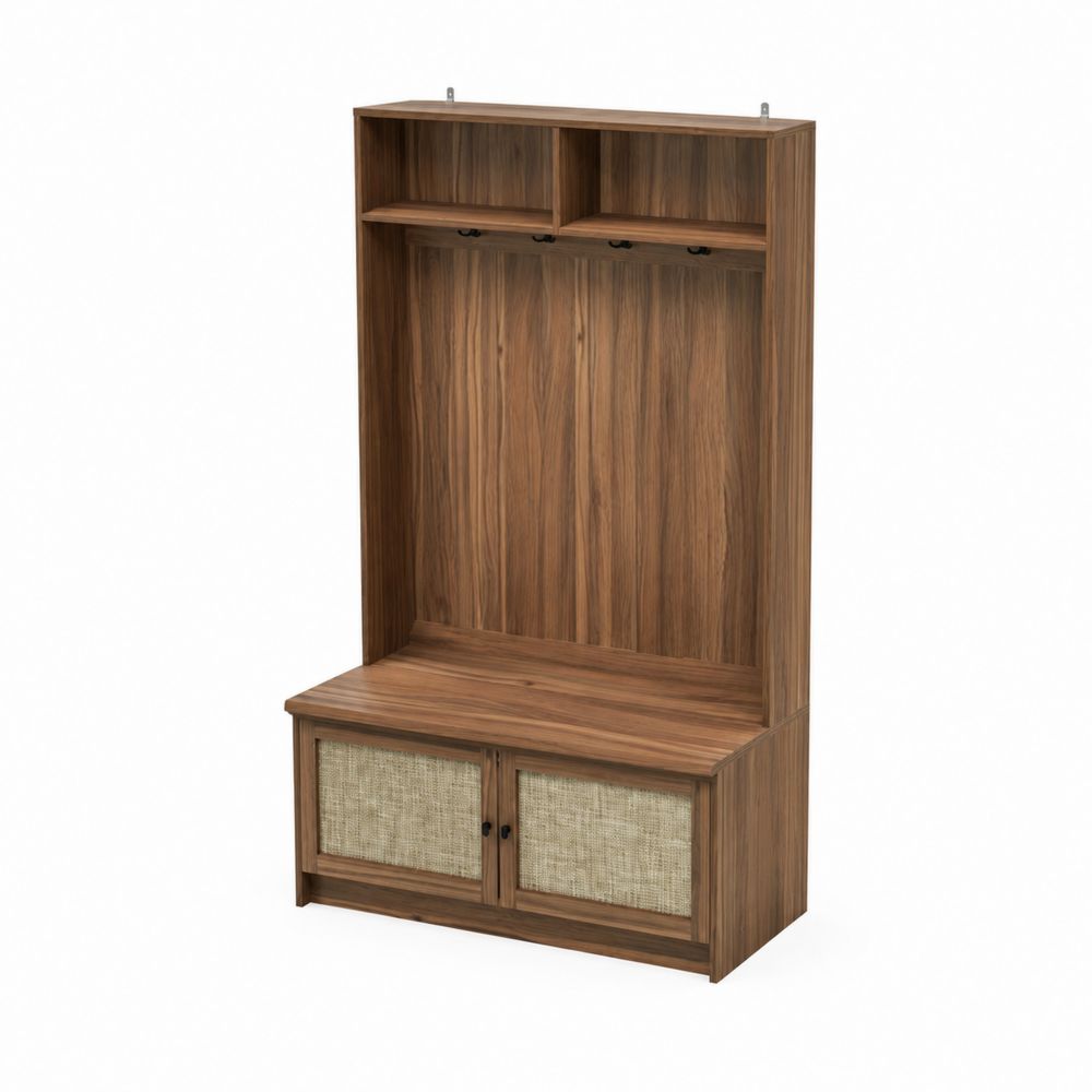 Perchero de Entrada de Madera con Banco y Puertas de Ratán 180x100x40 cm Marrón