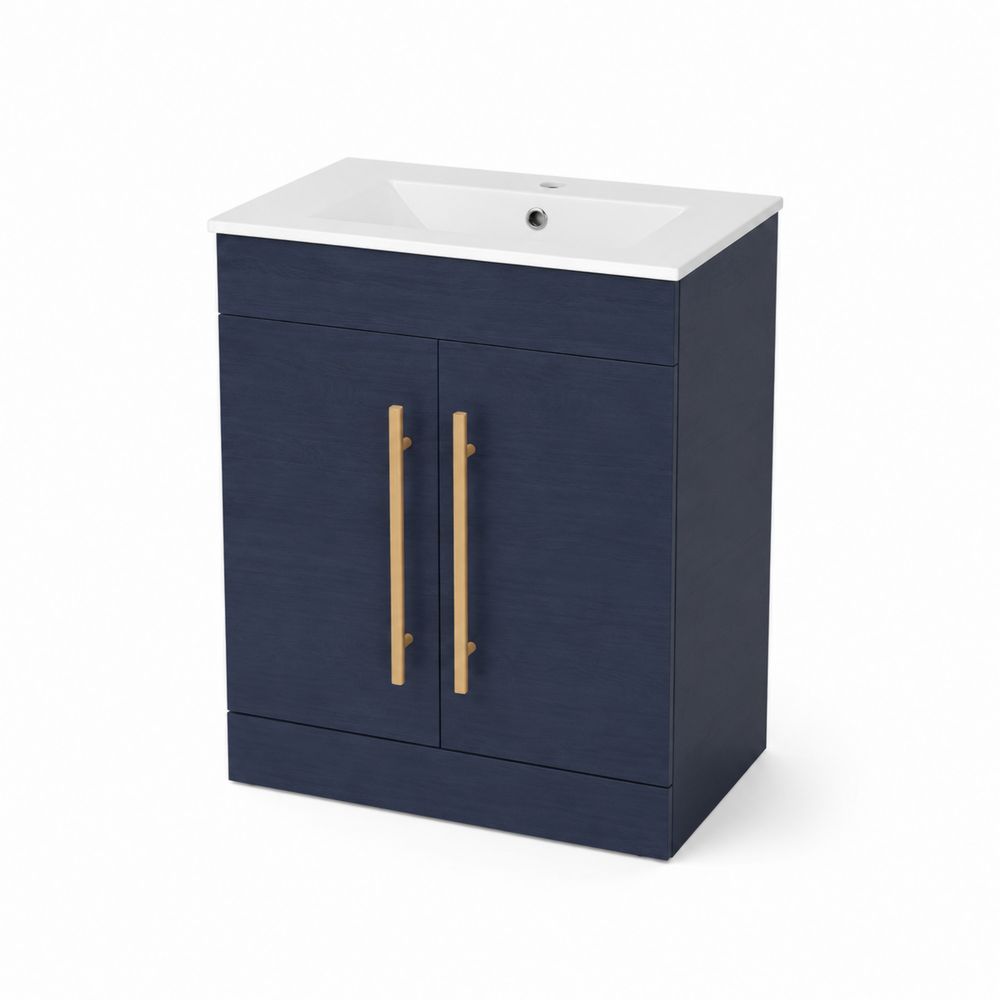 Mueble de baño individual de madera y cerámica azul con lavabo