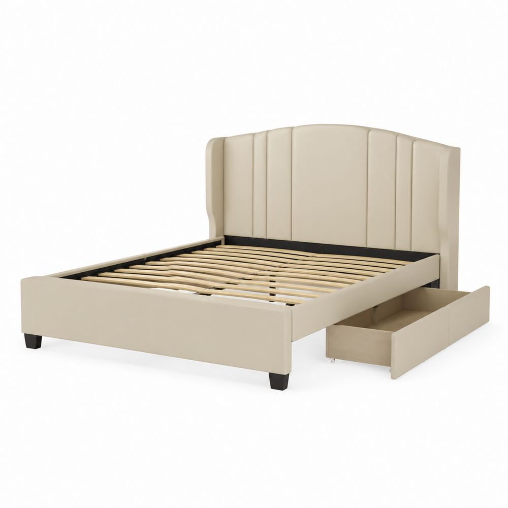 Cama con almacenamiento de cuero sintético beige
