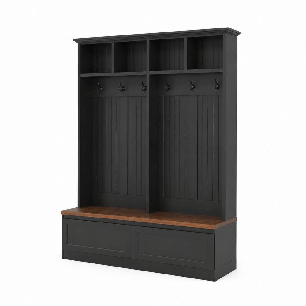 Perchero de Madera con Banco y Estantes Negro