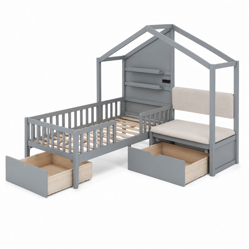 Cama infantil con almacenamiento y banco en forma de casa 200x90 cm madera gris