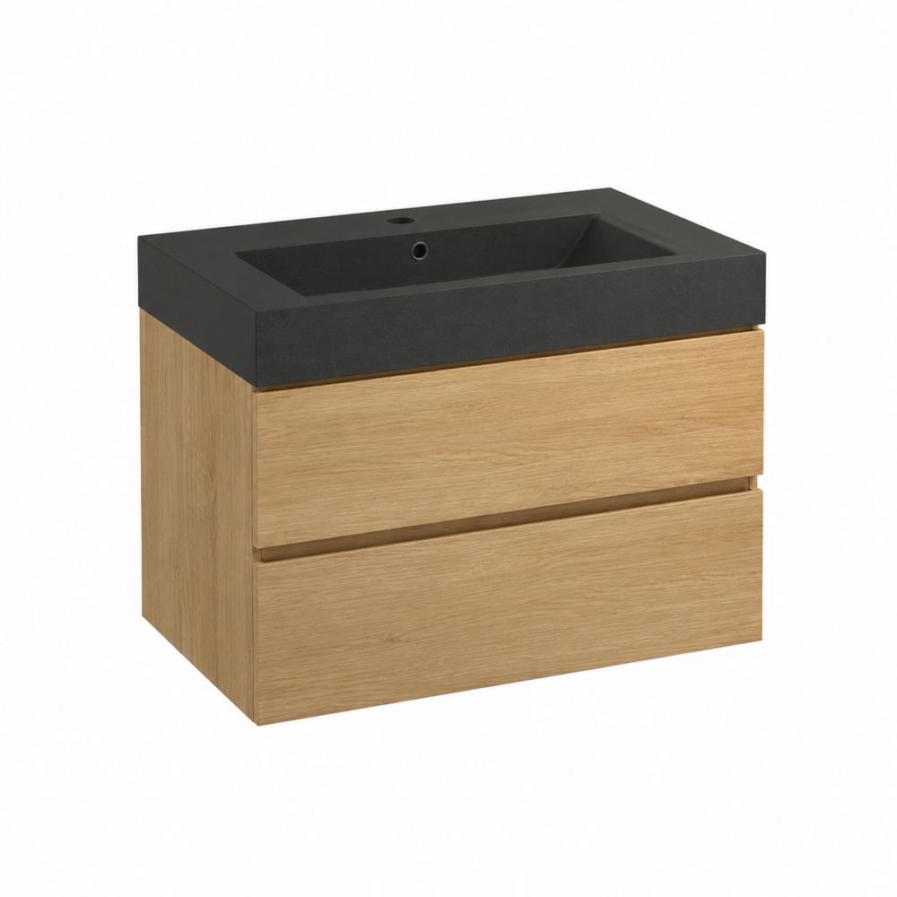 Mueble de lavabo de madera de roble con lavabo de resina sintética negra 80 cm