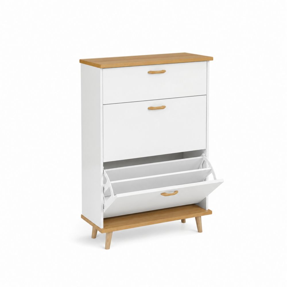 Zapatero de MDF y Madera con 3 Cajones Blanco y Natural 110x80x24 cm