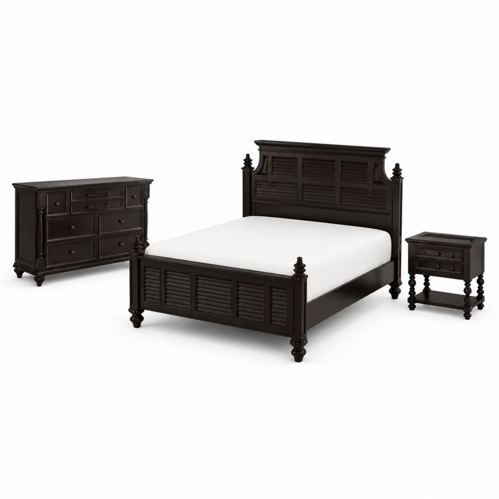 Conjunto de dormitorio de madera maciza marrón oscuro con cama, cómoda y mesita de noche