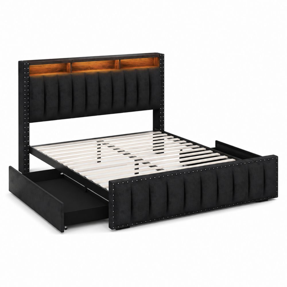 Cama de Tela Negro con Almacenamiento y Luz LED 150x200 cm