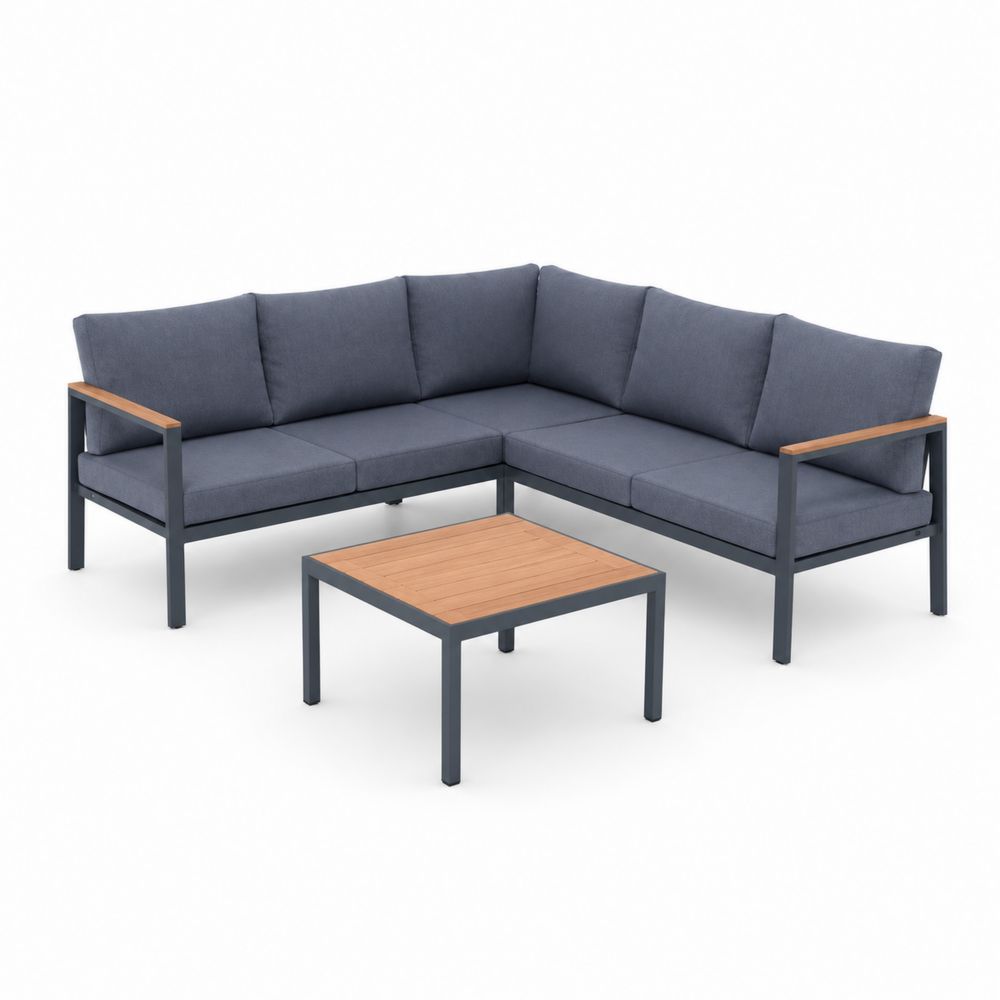 Conjunto en esquina de aluminio con cojines gris oscuro y mesa de acacia