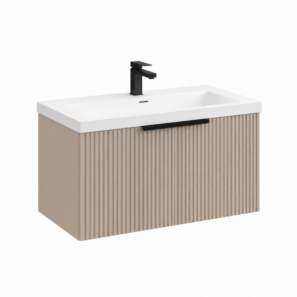 Mueble de lavabo de melamina beige con lavabo de cerámica blanca 80 cm montado en pared