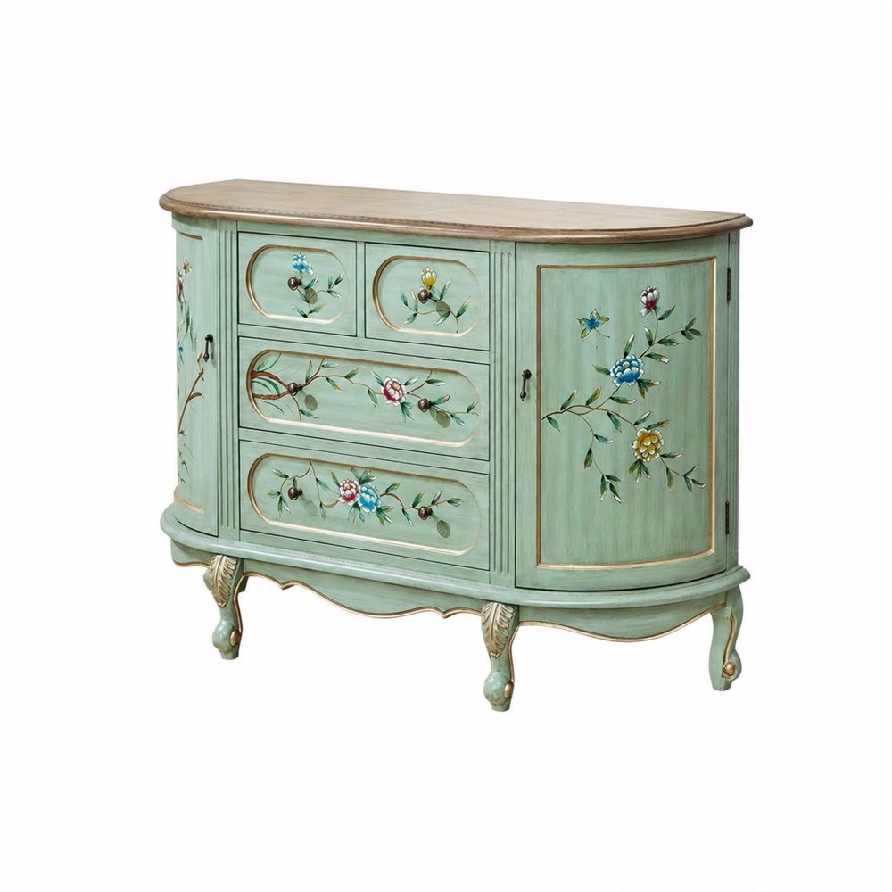 Aparador Curvado de Madera con Diseño Floral Pintado a Mano
