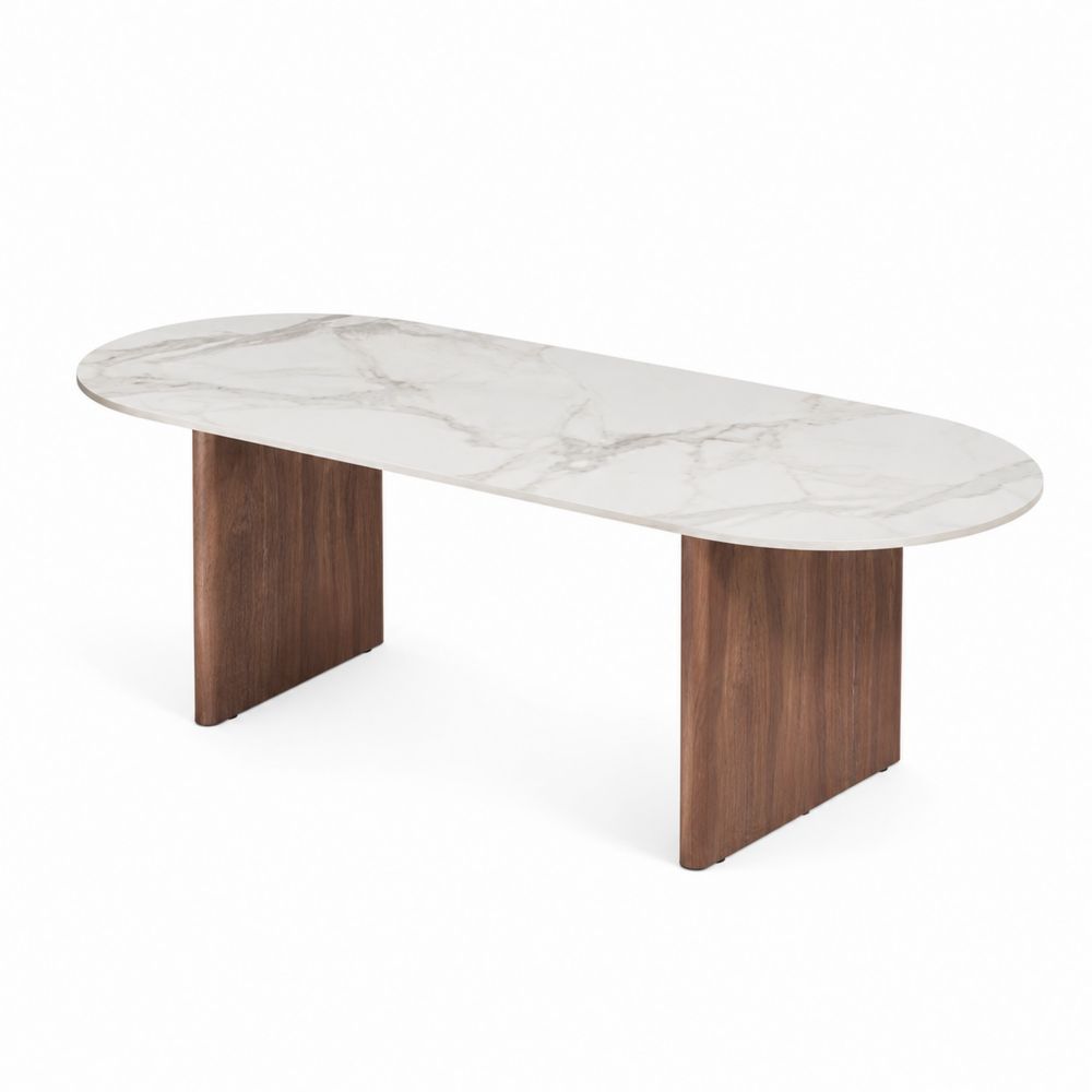 Mesa de centro con superficie de mármol sintético y patas de madera