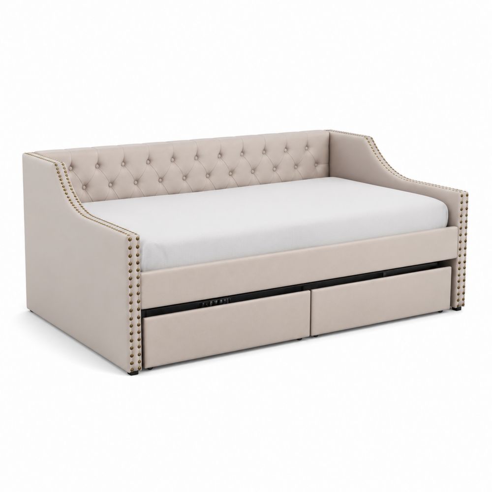 Diván cama de piel sintética beige con cajones