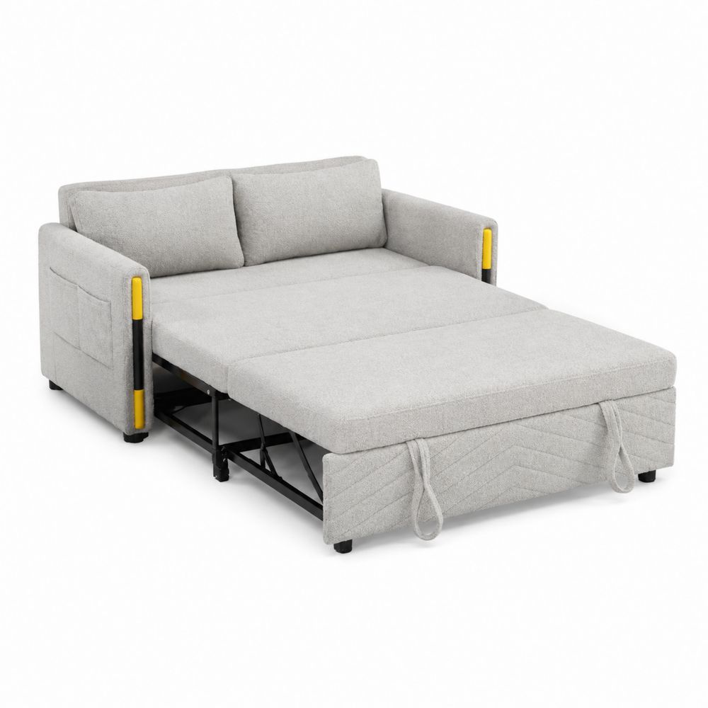 Sofá cama de metal y tela gris claro