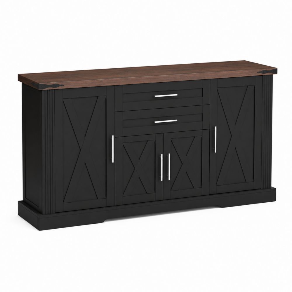 Aparador de madera y MDF con puertas y cajones 150x40x85cm Negro y Marrón