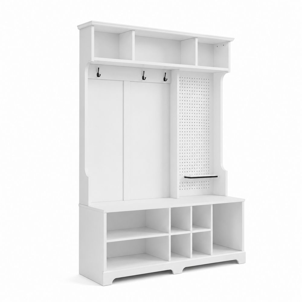 Mueble de entrada blanco con estantes y zapatero de madera