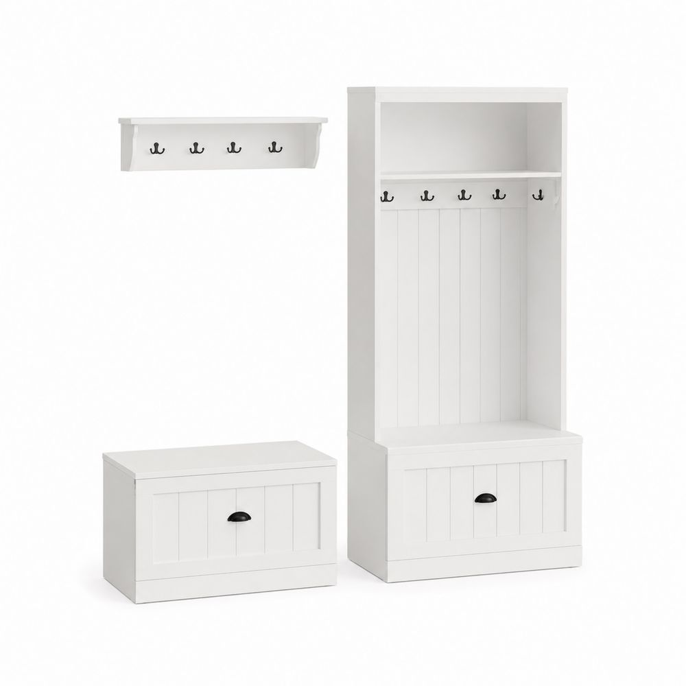 Conjunto de perchero de madera blanco con estante y banco
